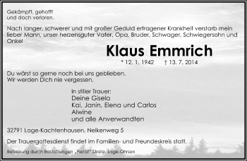 Anzeige  Klaus Emmrich  Lippische Landes-Zeitung