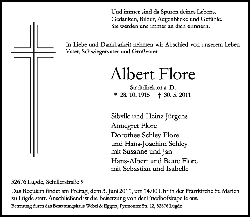  Traueranzeige für Albert Flore vom 01.06.2011 aus Lippische Landes-Zeitung