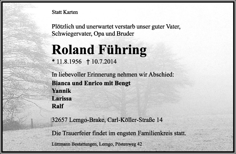  Traueranzeige für Roland  Führing vom 19.07.2014 aus Lippische Landes-Zeitung