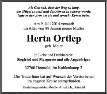 Anzeige  Herta Ortlep  Lippische Landes-Zeitung