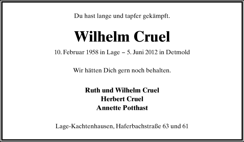  Traueranzeige für Wilhelm Cruel vom 16.06.2012 aus Lippische Landes-Zeitung