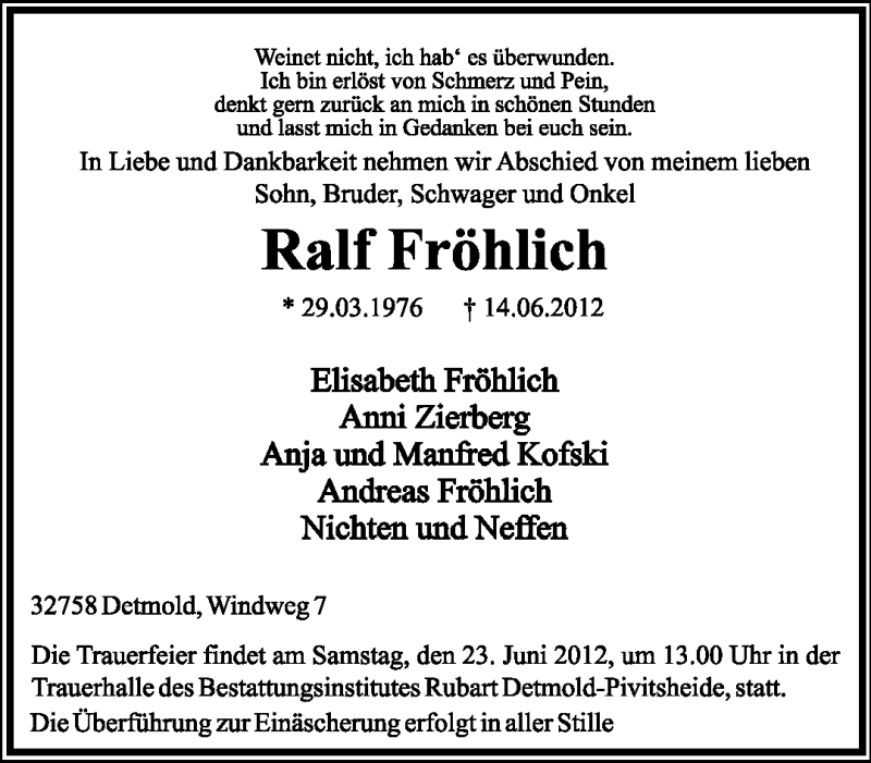  Traueranzeige für Ralf Fröhlich vom 18.06.2012 aus Lippische Landes-Zeitung