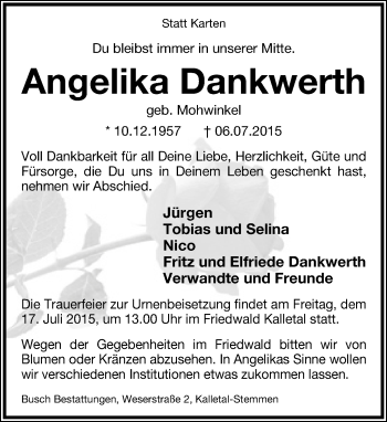 Anzeige  Angelika Dankwerth  Lippische Landes-Zeitung