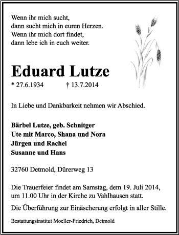 Anzeige  Eduard Lutze  Lippische Landes-Zeitung