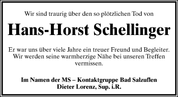 Anzeige  Hans-Horst Schellinger  Lippische Landes-Zeitung