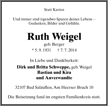 Anzeige  Ruth Weigel  Lippische Landes-Zeitung