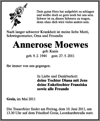 Anzeige  Annerose Moewes  Lippische Landes-Zeitung