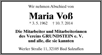 Anzeige  Maria  Voß  Lippische Landes-Zeitung