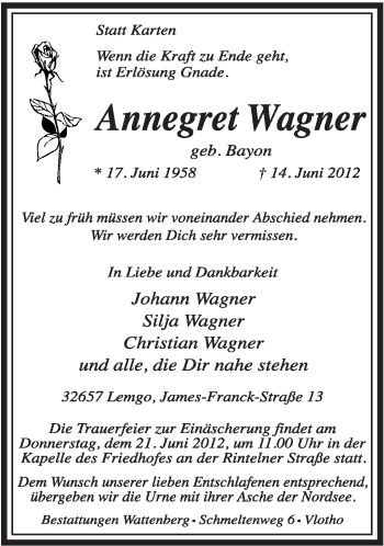 Anzeige  Annegret Wagner  Lippische Landes-Zeitung