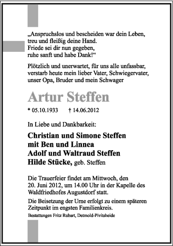 Anzeige  Artur Steffen  Lippische Landes-Zeitung