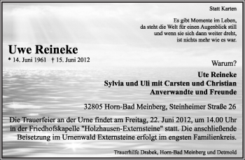 Anzeige  Uwe Reineke  Lippische Landes-Zeitung