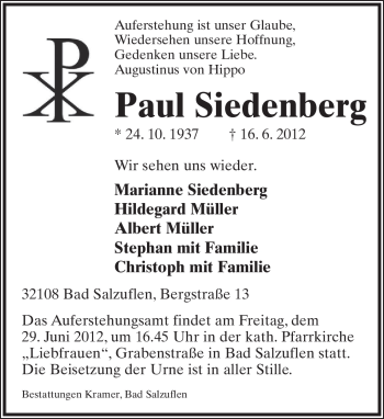 Anzeige  Paul Siedenberg  Lippische Landes-Zeitung