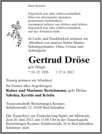 Anzeige  Gertrud Dröse  Lippische Landes-Zeitung