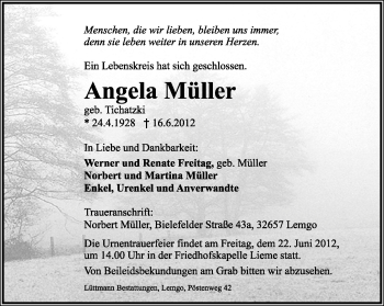 Anzeige  Angela Müller  Lippische Landes-Zeitung
