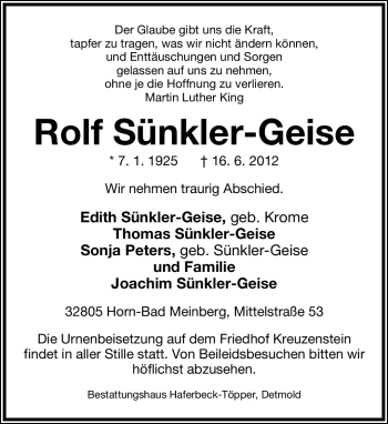 Anzeige  Rolf Sünkler-Geise  Lippische Landes-Zeitung
