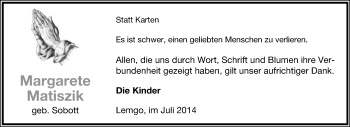 Anzeige  Margarete Matiszik  Lippische Landes-Zeitung