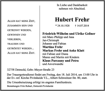 Anzeige  Hubert Frehr  Lippische Landes-Zeitung