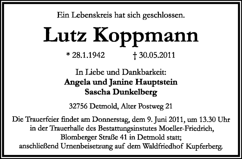  Traueranzeige für Lutz Koppmann vom 04.06.2011 aus Lippische Landes-Zeitung