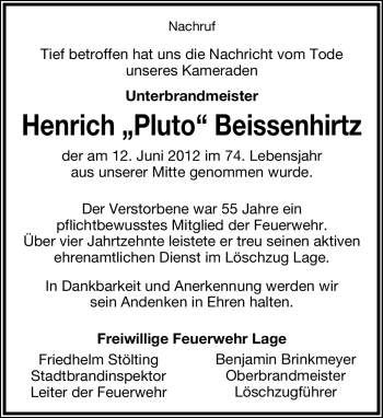 Anzeige  Henrich Beissenhirtz   Lippische Landes-Zeitung