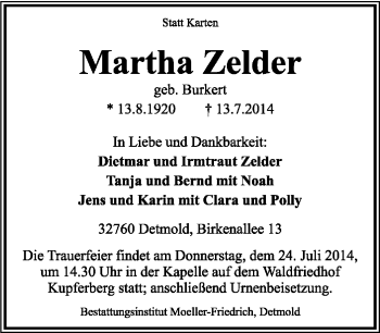 Anzeige  Martha  Zelder  Lippische Landes-Zeitung