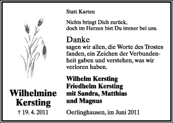 Anzeige  Wilhelmine Kersting  Lippische Landes-Zeitung