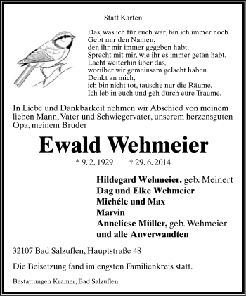 Anzeige  Ewald  Wehmeier  Lippische Landes-Zeitung