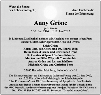 Anzeige  Anny Gröne  Lippische Landes-Zeitung