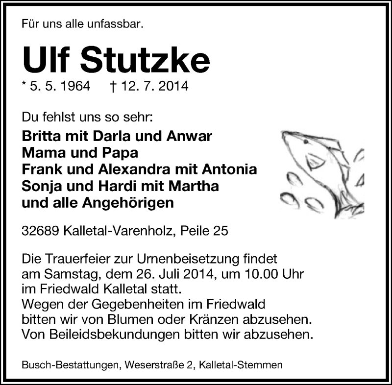  Traueranzeige für Ulf Stutzke vom 21.07.2014 aus Lippische Landes-Zeitung