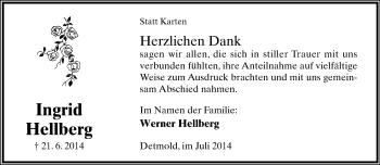 Anzeige  Ingrid Hellberg  Lippische Landes-Zeitung