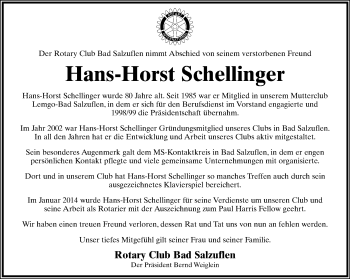 Anzeige  Hans-Horst Schellinger  Lippische Landes-Zeitung