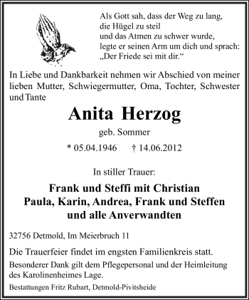 Anzeige  Anita Herzog  Lippische Landes-Zeitung