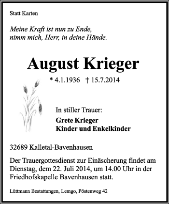 Anzeige  August Krieger  Lippische Landes-Zeitung