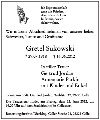 Anzeige  Gretel Sukowski  Lippische Landes-Zeitung