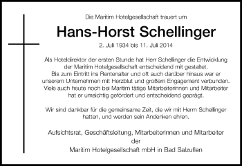 Anzeige  Hans-Horst Schellinger  Lippische Landes-Zeitung
