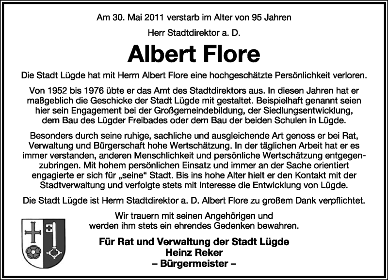  Traueranzeige für Albert Flore vom 02.06.2011 aus Lippische Landes-Zeitung