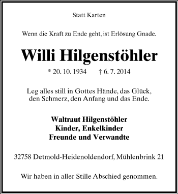 Anzeige  Willi  Hilgenstöhler  Lippische Landes-Zeitung