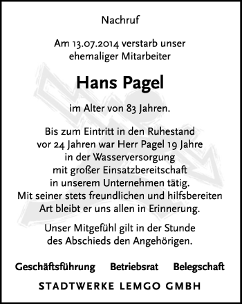 Anzeige  Hans Pagel  Lippische Landes-Zeitung