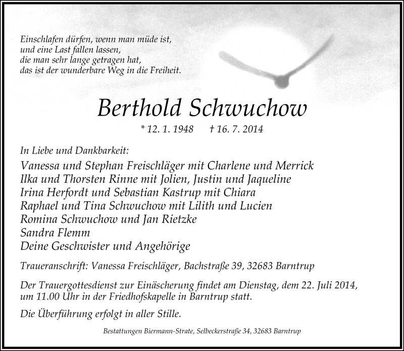  Traueranzeige für Berthold  Schwuchow vom 18.07.2014 aus Lippische Landes-Zeitung