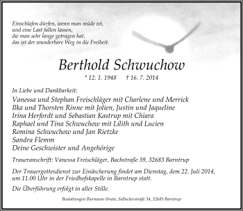 Anzeige  Berthold  Schwuchow  Lippische Landes-Zeitung