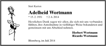Anzeige  Adelheid Wortmann  Lippische Landes-Zeitung
