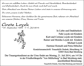 Anzeige  Grete  Loyek  Lippische Landes-Zeitung