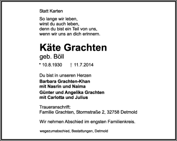 Anzeige  Käte  Grachten  Lippische Landes-Zeitung