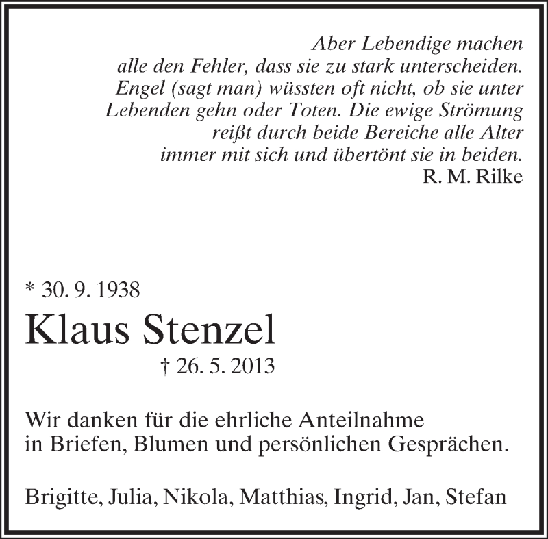  Traueranzeige für Klaus Stenzel vom 06.07.2013 aus Lippische Landes-Zeitung