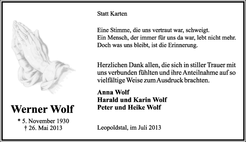  Traueranzeige für Werner Wolf vom 06.07.2013 aus Lippische Landes-Zeitung