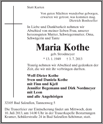 Anzeige  Maria Kothe  Lippische Landes-Zeitung