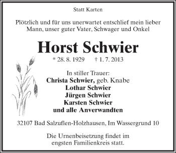 Anzeige  Horst Schwier  Lippische Landes-Zeitung