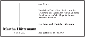 Anzeige  Martha Hüttemann  Lippische Landes-Zeitung