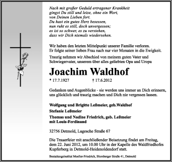 Anzeige  Joachim Waldhof  Lippische Landes-Zeitung