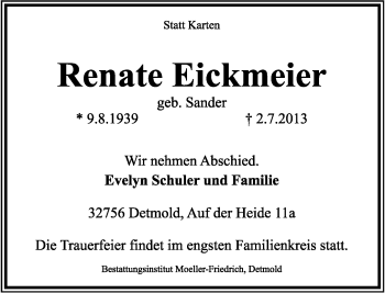 Anzeige  Renate Eickmeier  Lippische Landes-Zeitung