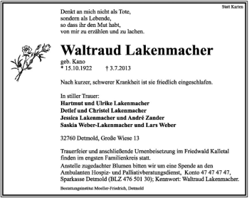 Anzeige  Waltraud Lakenmacher  Lippische Landes-Zeitung